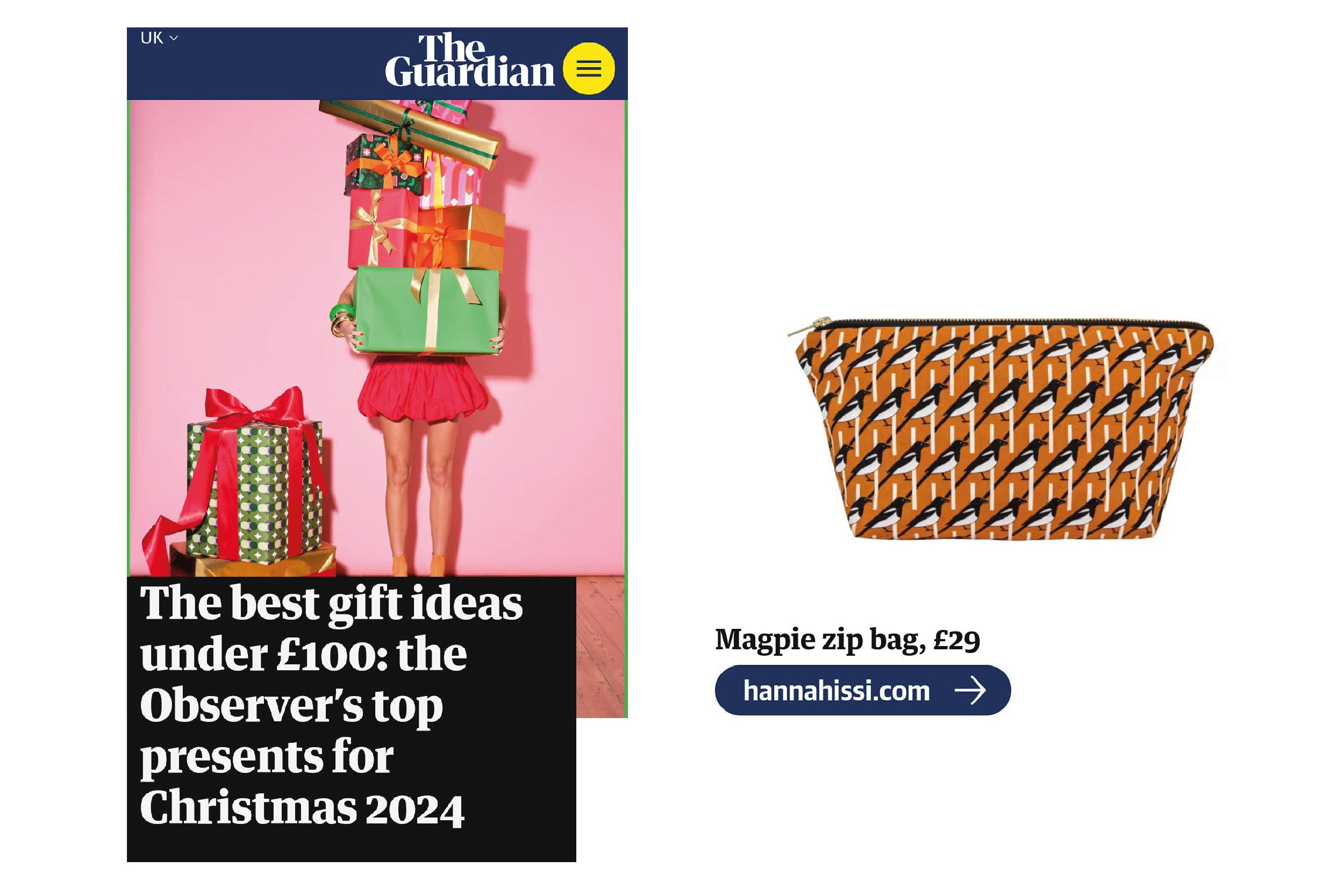 Hannah Issi's Magpie Zip Bag as featured in The Guardian- The Best Gift Ideas under £100- The Observer's top presents for Christmas 2024