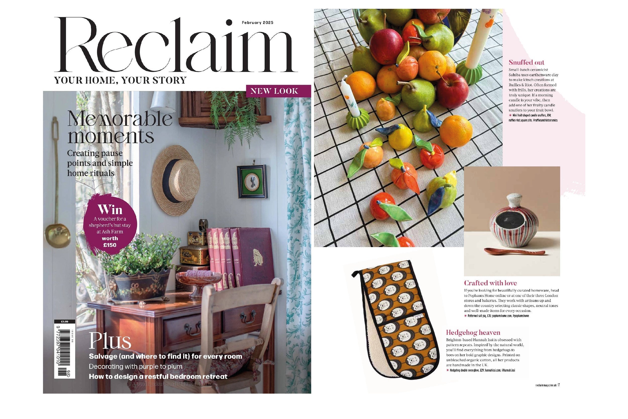 Reclaim Magazine- Indie Interiors Feature with Micaela Sharp featuring Hannah Issi's Brown & White Hedgehog double oven glove - February 2025