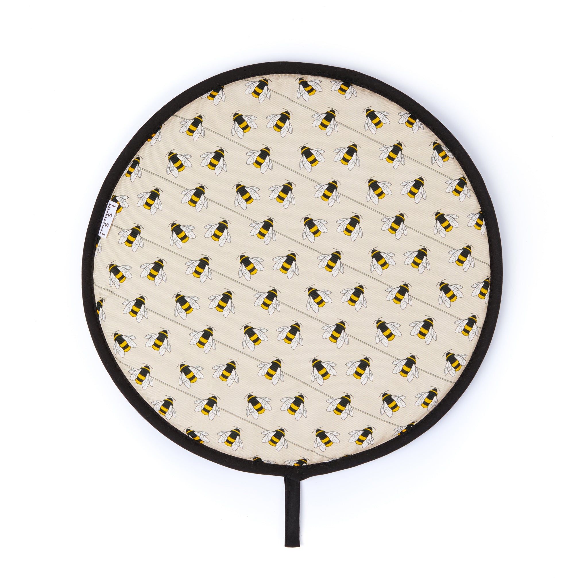 Organic cotton bee AGA cover – handmade in the UK by Hannah Issi. Decorative, sustainable kitchen textile. Cut-out image with white background.