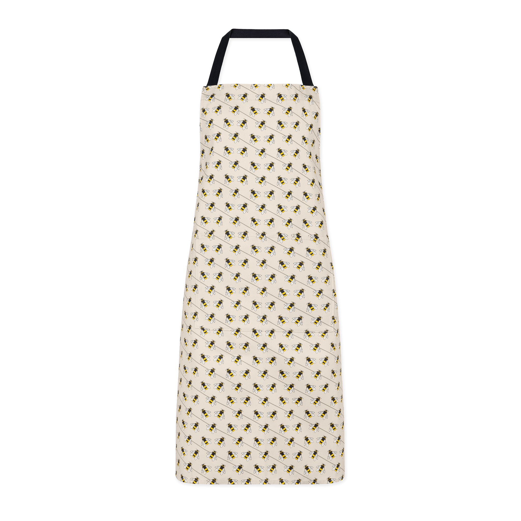 Organic cotton bee apron – designed by Hannah Issi and handmade in the UK. Stylish, sustainable kitchen accessory. Cut-out image.