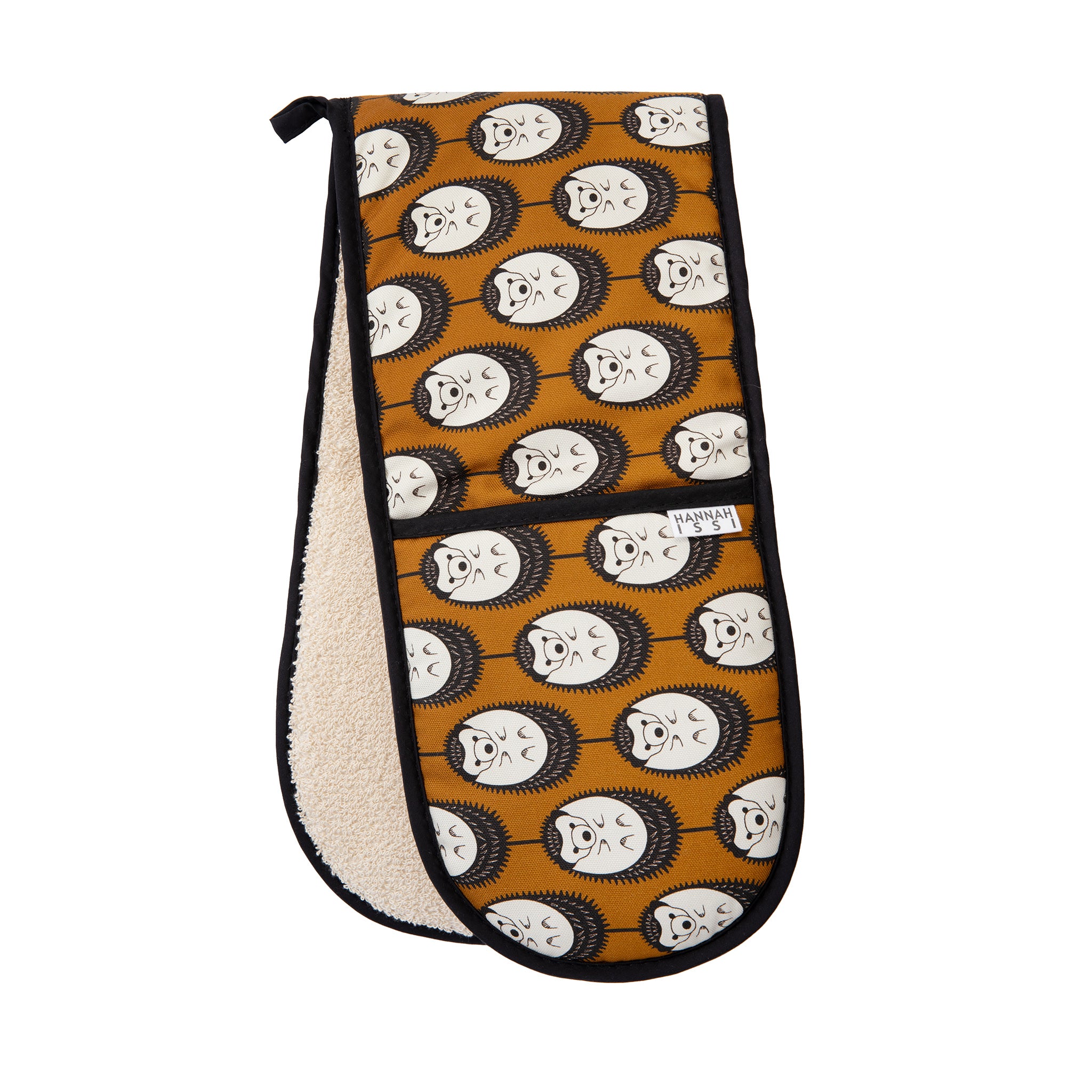 Organic cotton brown & white hedgehog double oven glove – handmade in the UK by Hannah Issi. Stylish, heat-safe kitchen accessory. Cut-out image with white background.