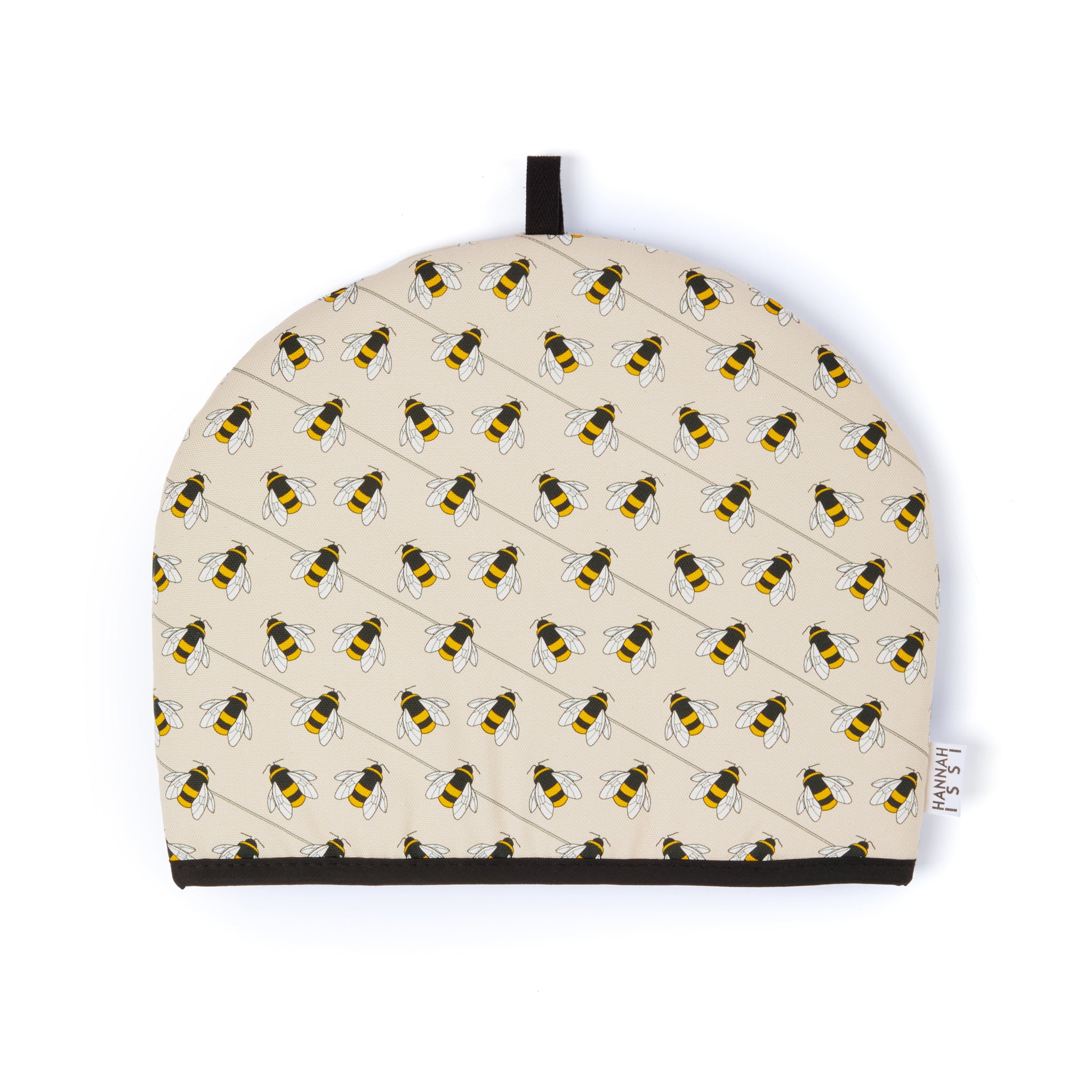 Organic cotton taupe bee tea cosy – yellow, black and white print by Hannah Issi, handmade in the UK. Modern, sustainable accessory.