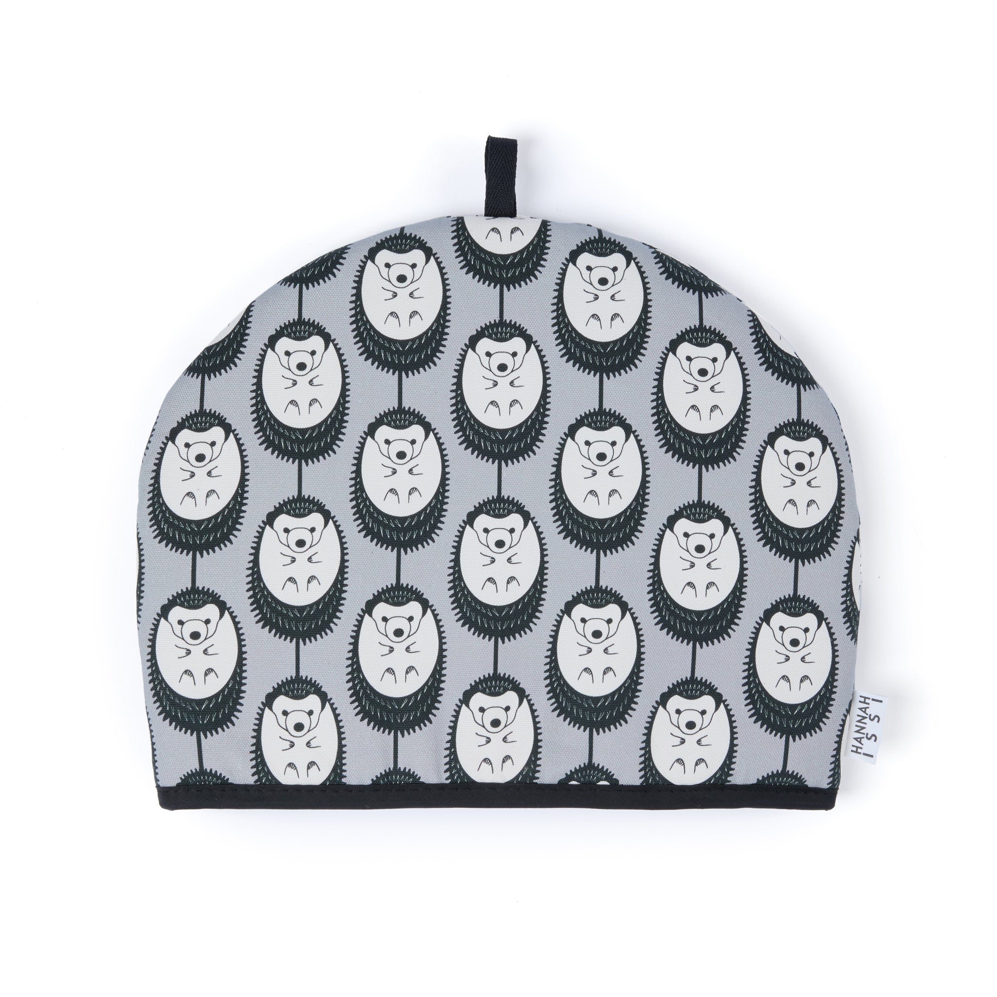 Organic cotton grey hedgehog tea cosy – designed by Hannah Issi and handmade in the UK. Sustainable, modern kitchen accessory