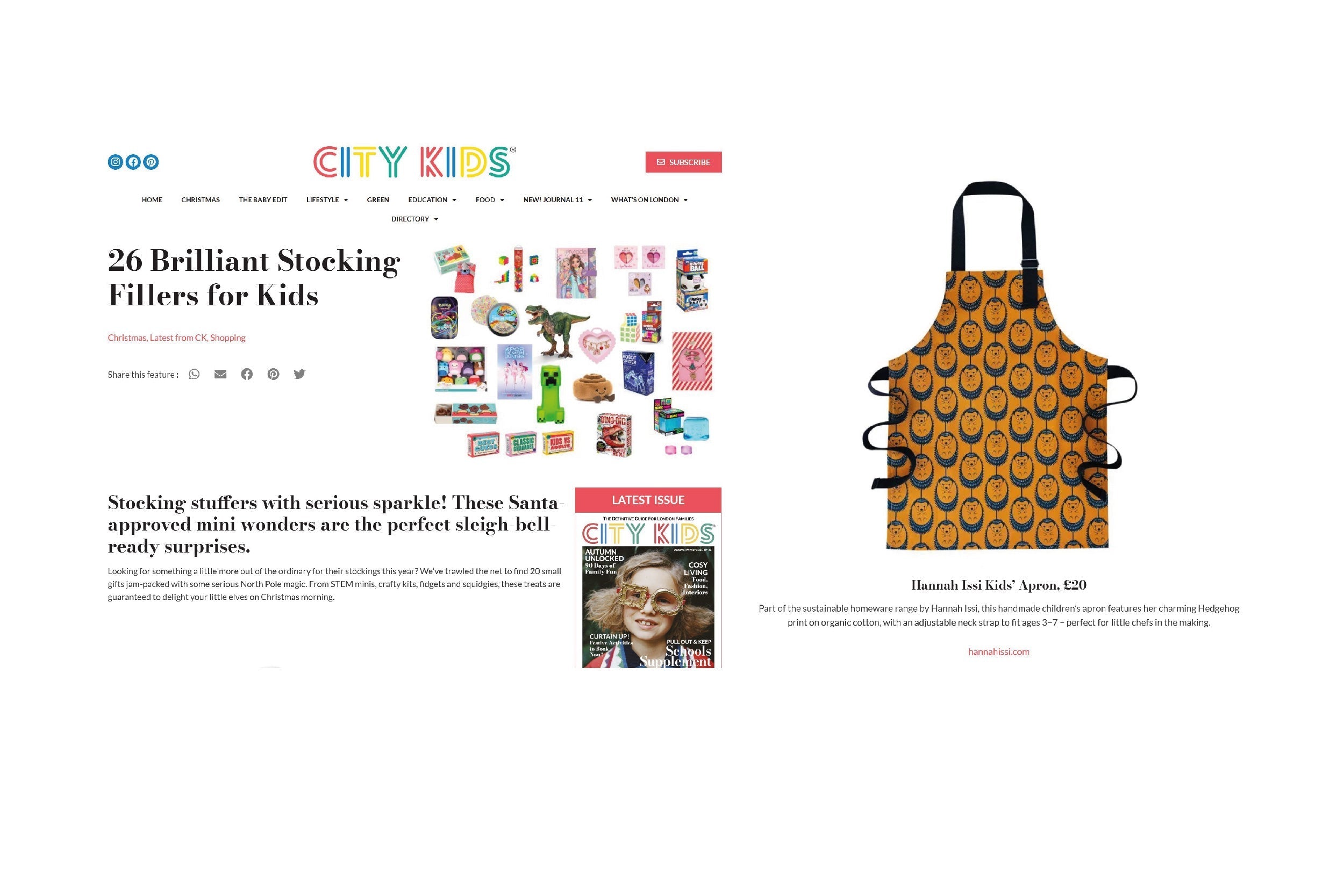 City Kids Feature Hannah Issi Terracotta Hedgehog Children's Apron in Christmas Gift Guide