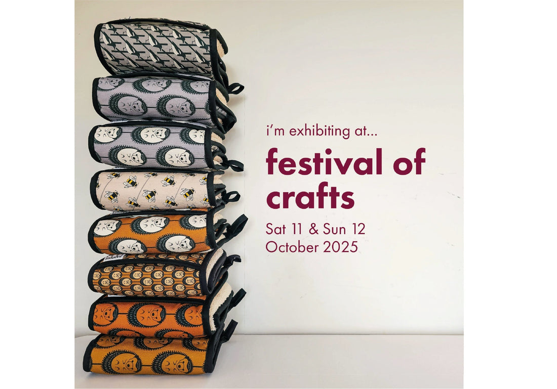 Poster showing Hannah Issi as an exhibitor at Farnham Maltings Festival of Crafts 2025 - displaying her range of luxury double oven gloves one on top of the other 