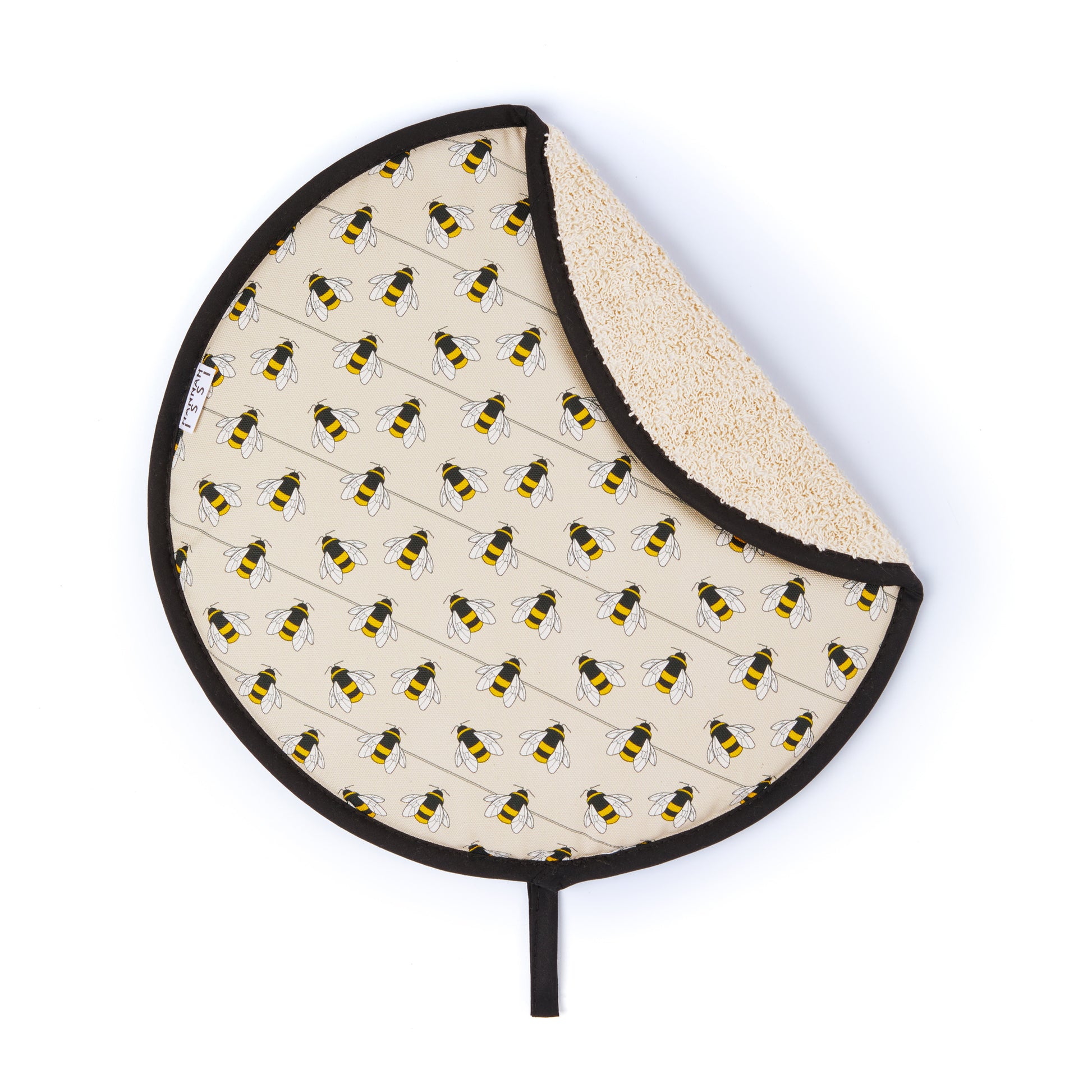 Decorative Aga cover with Hannah Issi bee print fabric – organic cotton top layer and cream towelling reverse. Handmade in the UK, stylish and sustainable.
