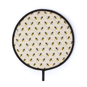 Organic cotton bee AGA cover – handmade in the UK by Hannah Issi. Decorative, sustainable kitchen textile. Cut-out image with white background.