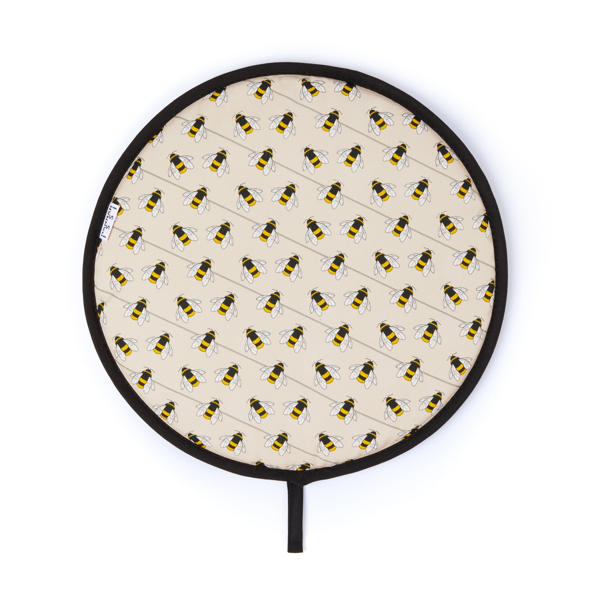 Organic cotton bee AGA cover – handmade in the UK by Hannah Issi. Decorative, sustainable kitchen textile. Cut-out image with white background.