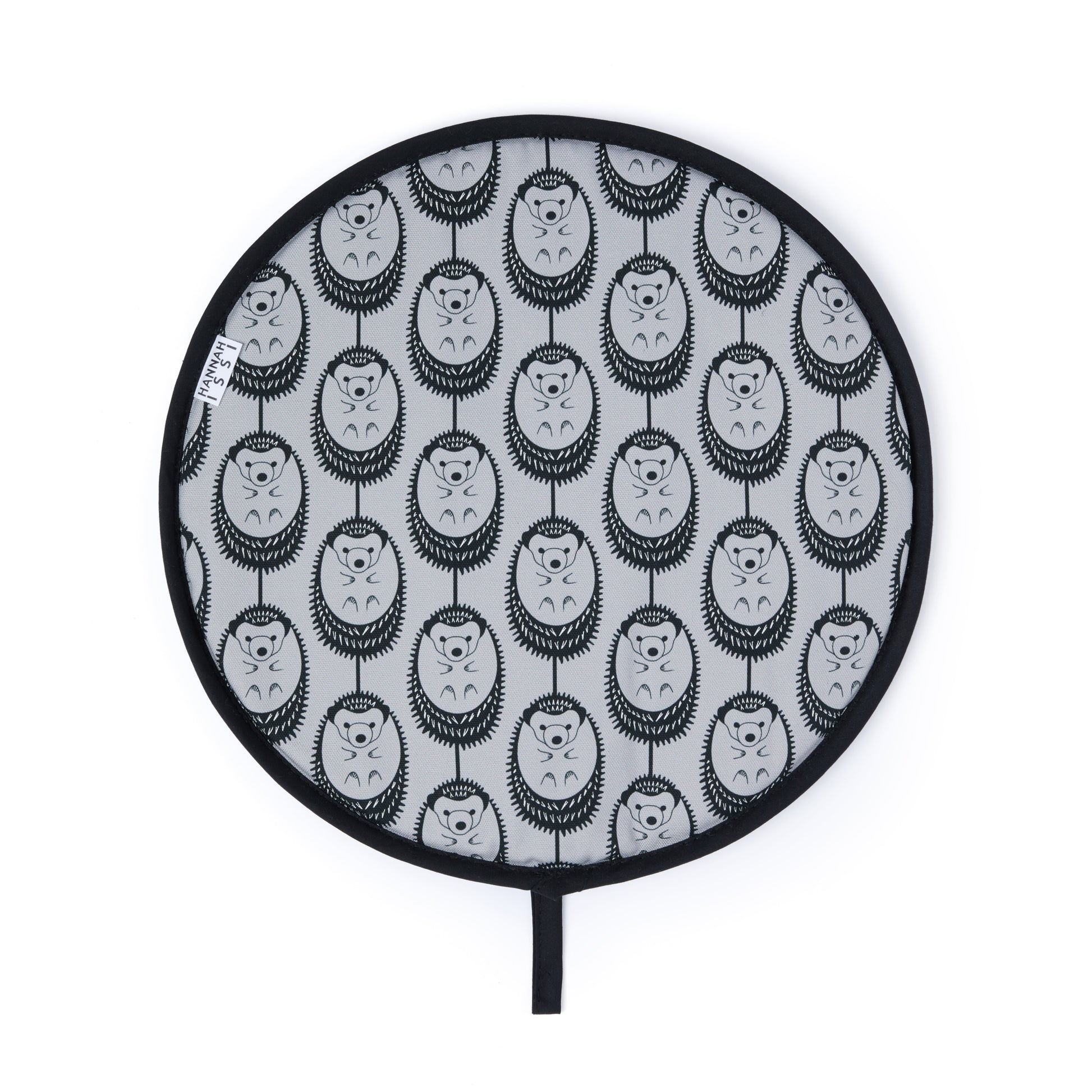 Aga Cover with grey, black and white hedgehog pattern on a white background