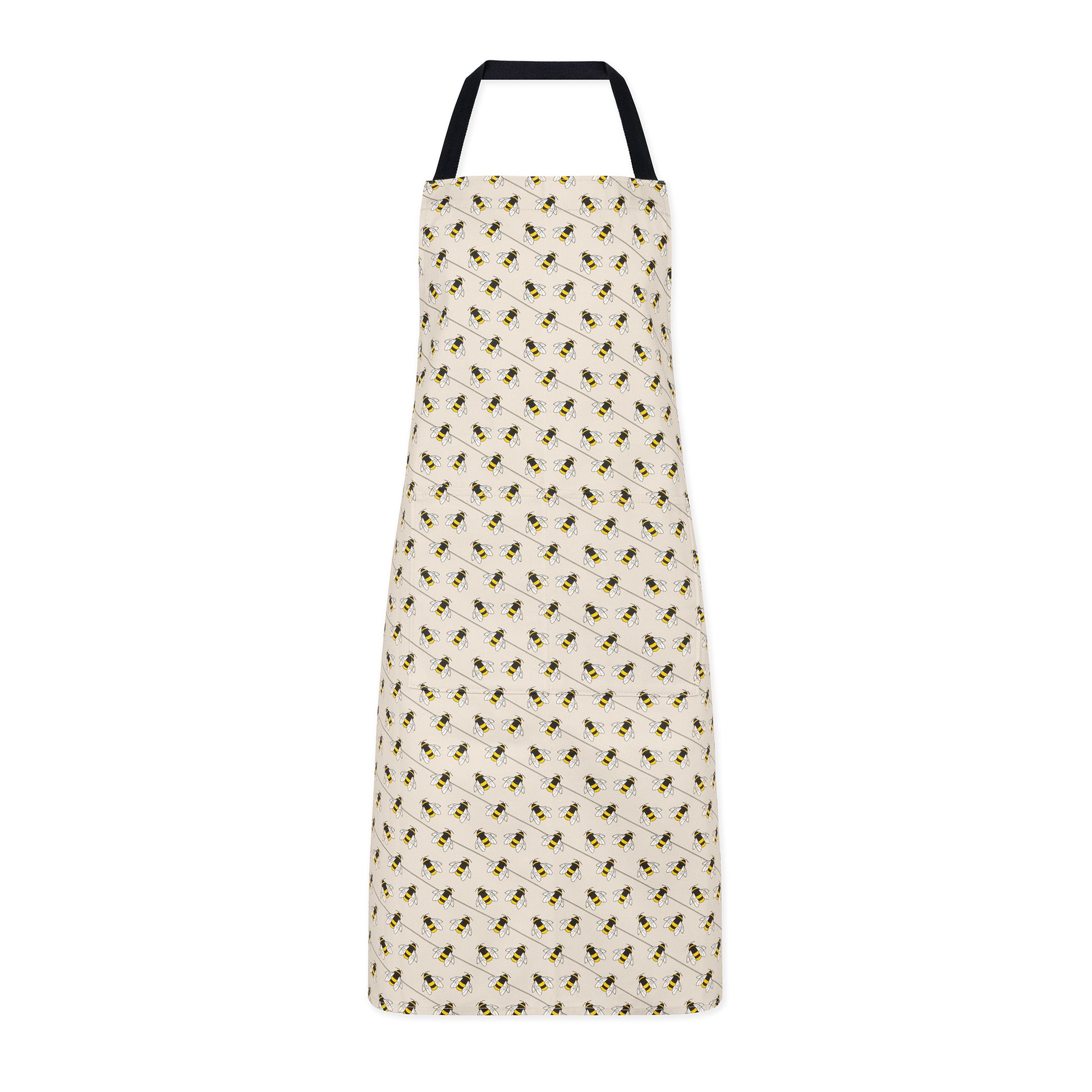Organic cotton bee apron – designed by Hannah Issi and handmade in the UK. Stylish, sustainable kitchen accessory. Cut-out image. 