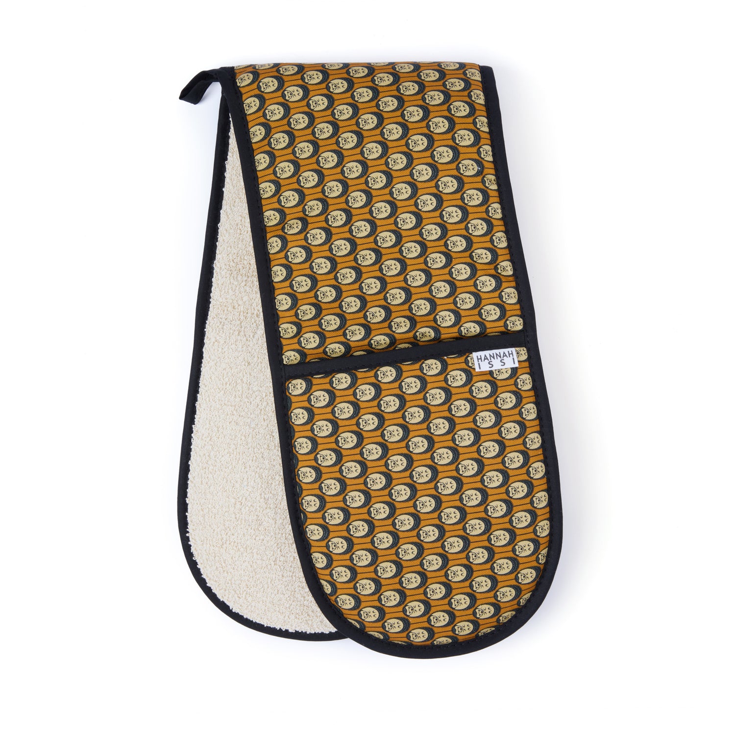Organic cotton autumn hedgehog double oven glove – handmade in the UK by Hannah Issi. Stylish, heat-safe kitchen accessory. Cut-out image with white background.