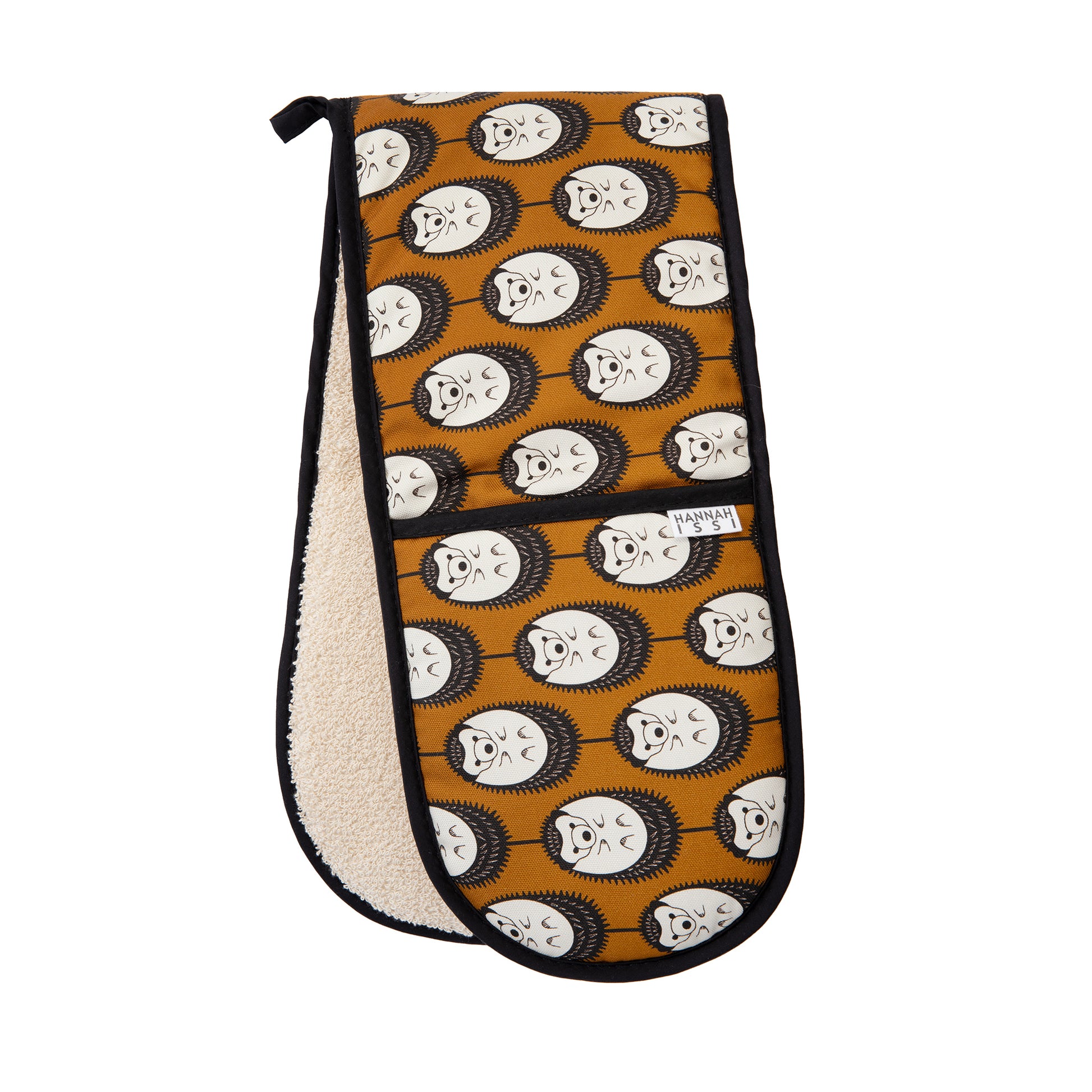 Organic cotton brown & white hedgehog double oven glove – handmade in the UK by Hannah Issi. Stylish, heat-safe kitchen accessory. Cut-out image with white background.