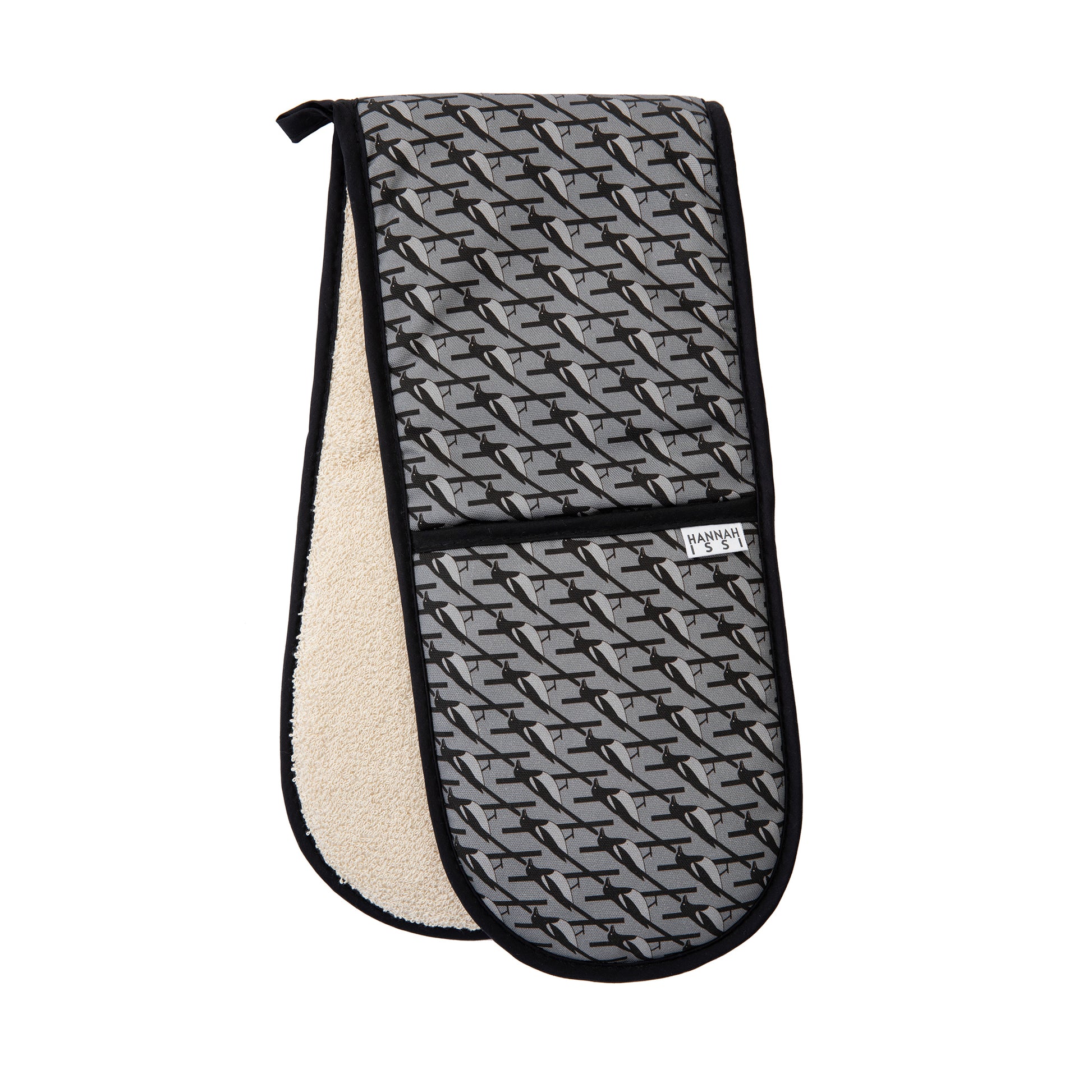 Organic cotton grey magpie double oven glove – handmade in the UK by Hannah Issi. Stylish, heat-safe kitchen accessory. Cut-out image with white background.
