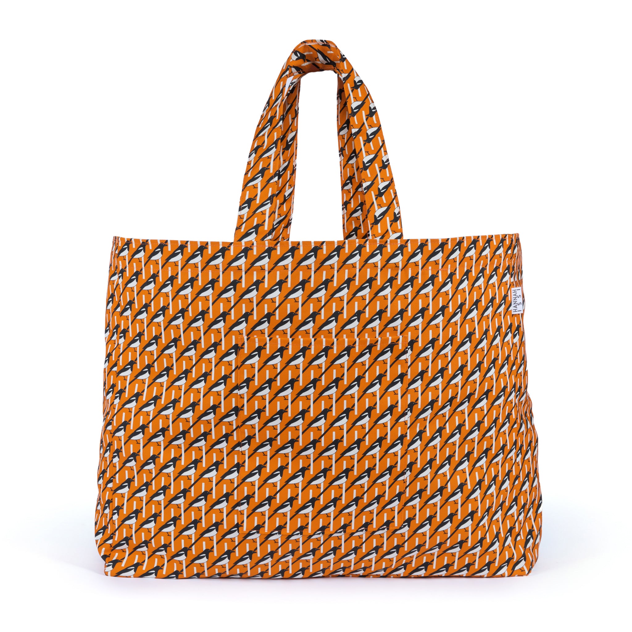 Oversized XL Magpie bird shoulder bag in orange organic cotton – perfect for everyday, shopping, weekend or beach.