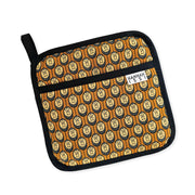 Organic cotton autumn Hedgehog pot grab – heat-safe kitchen handle cover by Hannah Issi, handmade in the UK. Stylish and functional. Cut-out image.