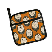 Organic cotton Brown & White Hedgehog pot grab – heat-safe kitchen handle cover by Hannah Issi, handmade in the UK. Stylish and functional. Cut-out image with white background.