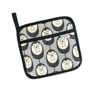 Organic cotton Grey & White Hedgehog pot grab – heat-safe kitchen handle cover by Hannah Issi, handmade in the UK. Stylish and functional. Cut-out image on white background.