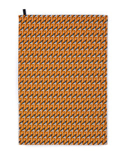 Organic cotton orange magpie tea towel – designed by Hannah Issi and handmade in the UK. Stylish, sustainable kitchen linen. Cut-out image shown with white background.